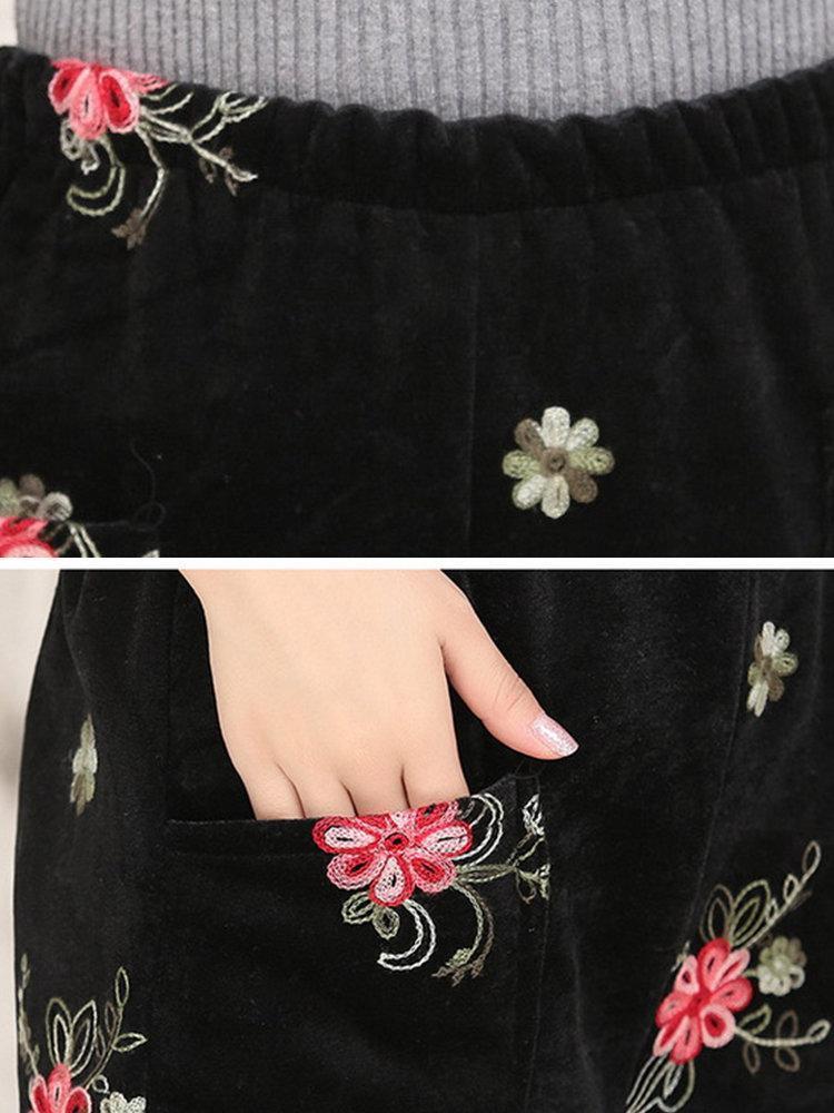 Velvet Embroidered Elastic Waist Trousers