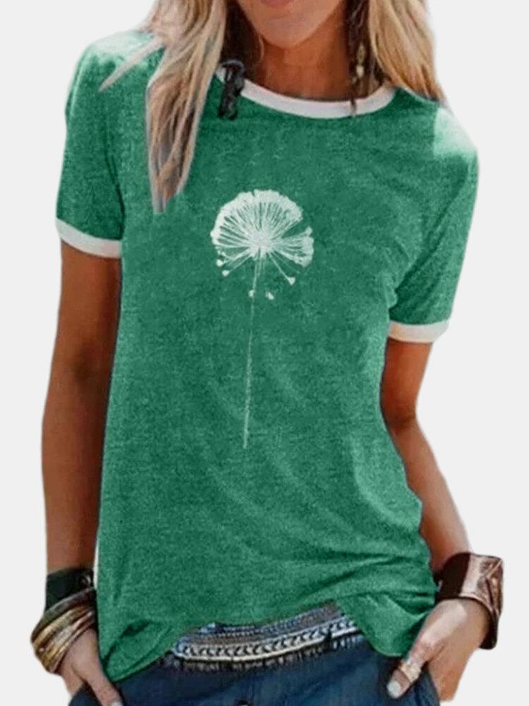 Flower Printed Short Sleeve O-neck Casual T-shirt For Women