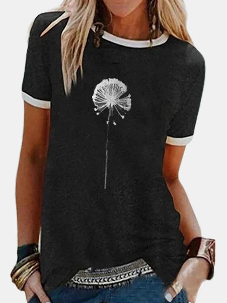 Flower Printed Short Sleeve O-neck Casual T-shirt For Women