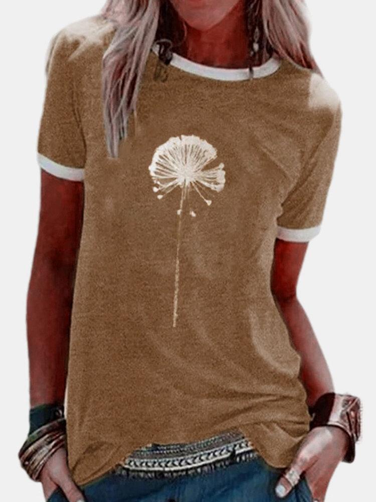 Flower Printed Short Sleeve O-neck Casual T-shirt For Women