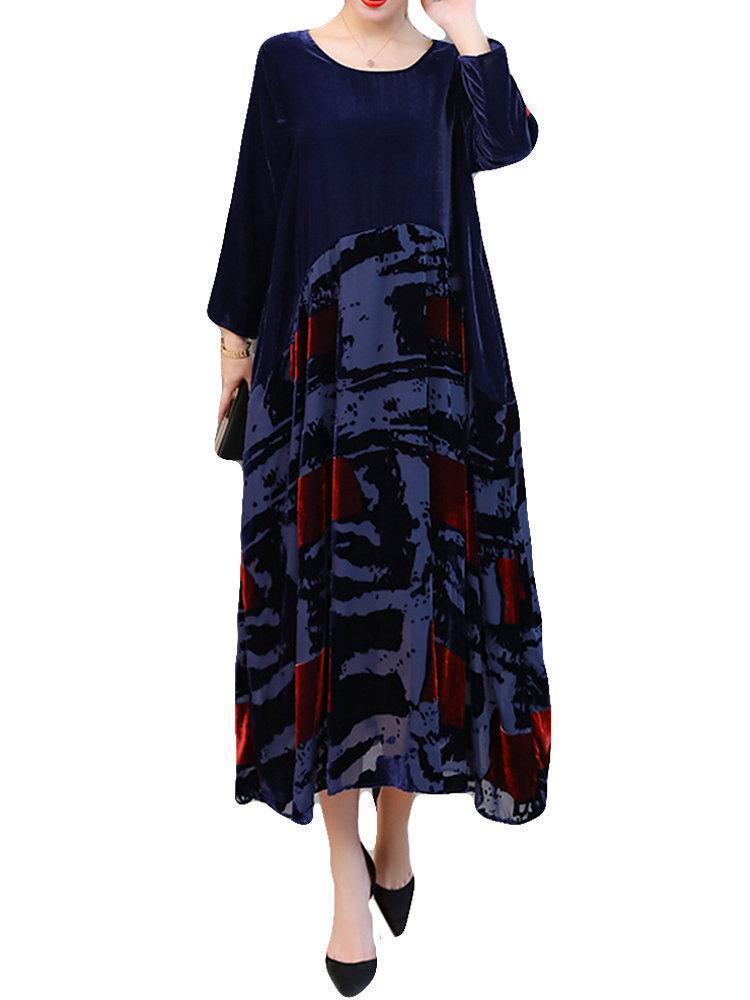 Print Patchwork Velvet Long Sleeve Vintage Dresses