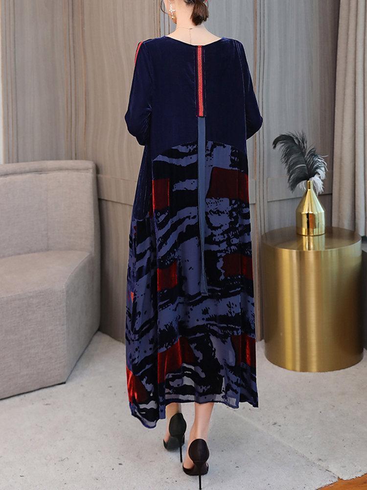 Print Patchwork Velvet Long Sleeve Vintage Dresses