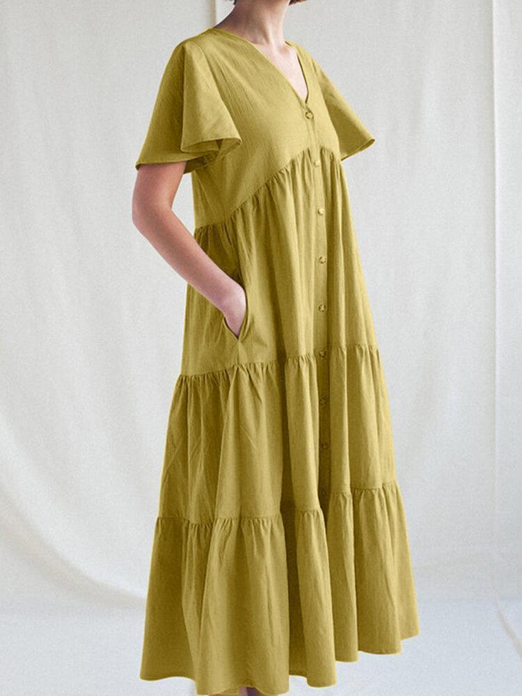 Solid Color V-neck Side Pockets Short Sleeve Pleated Midi Dress