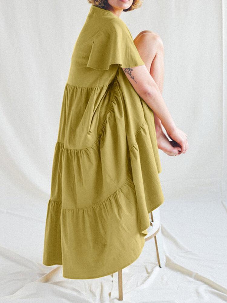 Solid Color V-neck Side Pockets Short Sleeve Pleated Midi Dress