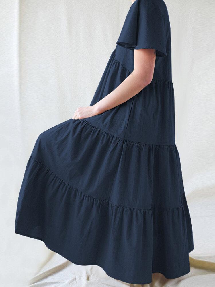 Solid Color V-neck Side Pockets Short Sleeve Pleated Midi Dress