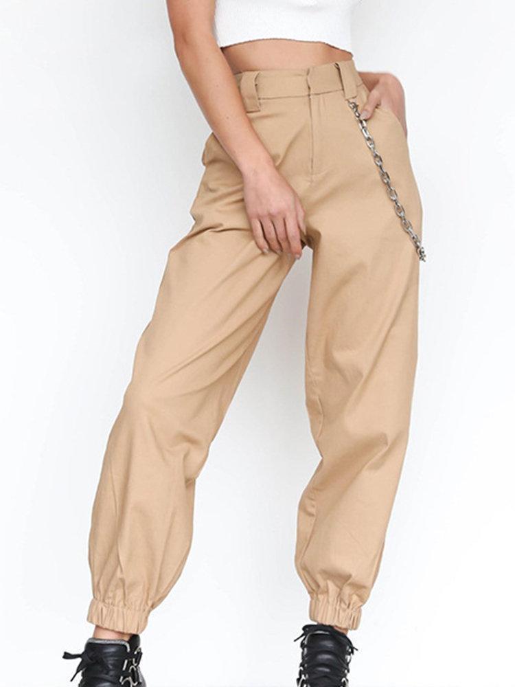 Casual Pure Color High Waist Women Pants With Chain