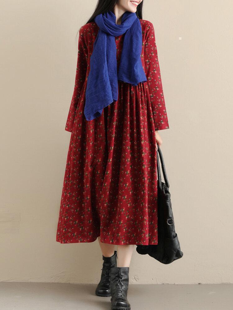 Pockets Floral Print Loose Long Sleeve Pleated Vintage Dress