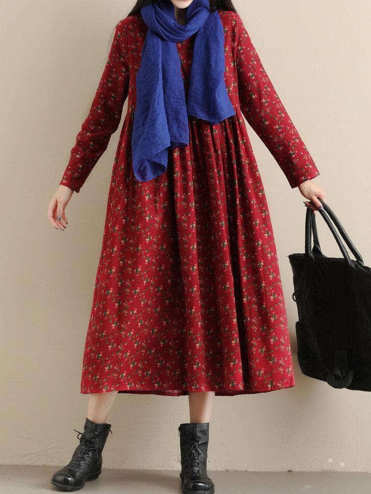 Pockets Floral Print Loose Long Sleeve Pleated Vintage Dress