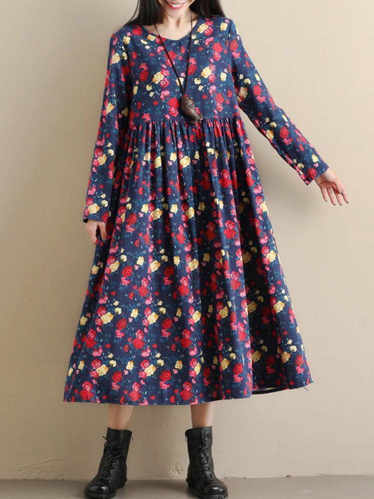 Pockets Floral Print Loose Long Sleeve Pleated Vintage Dress