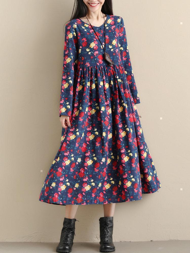 Pockets Floral Print Loose Long Sleeve Pleated Vintage Dress