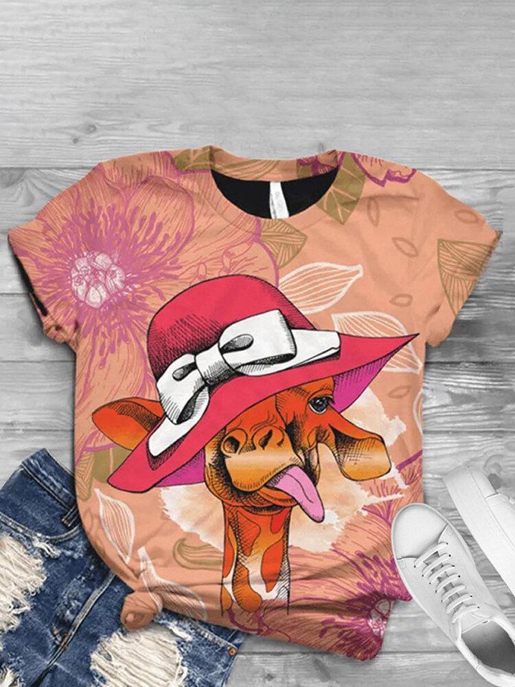 Cartoon Printed Short Sleeve O-enck T-shirt For Women