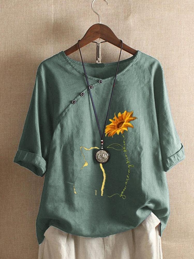 Cat Floral Printed Button O-Neck Short Sleeve T-shirt