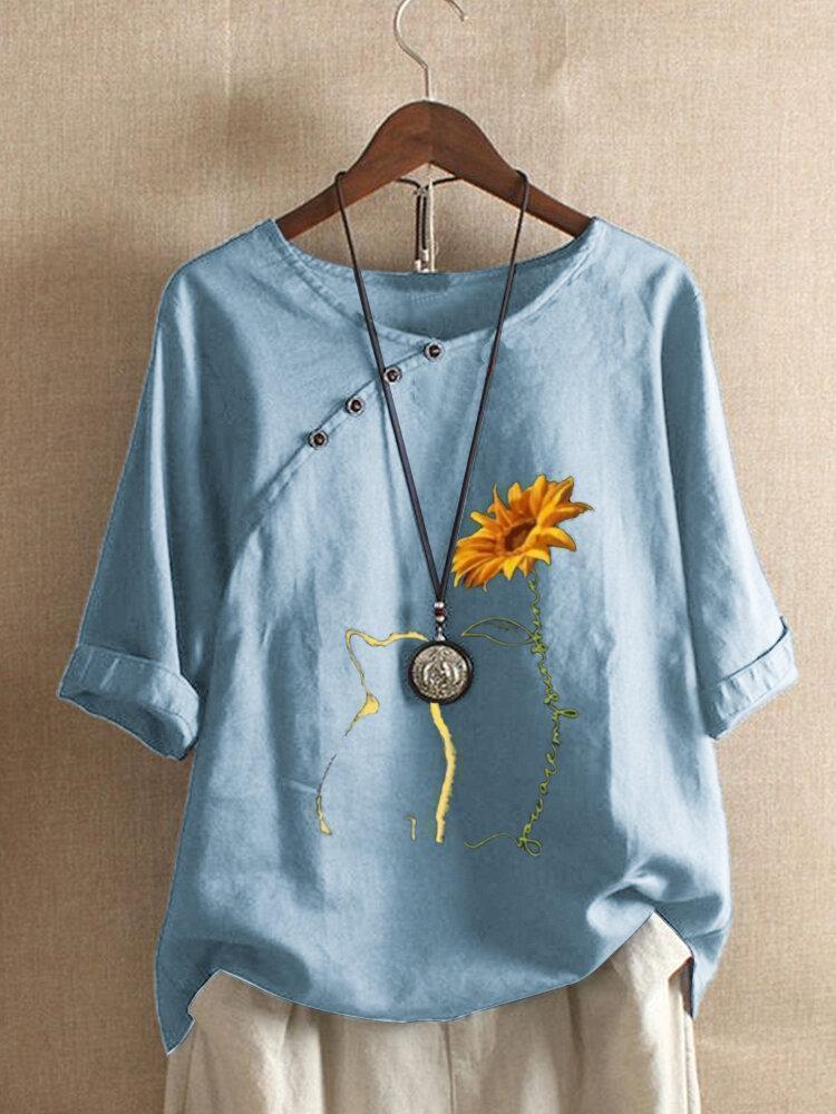 Cat Floral Printed Button O-Neck Short Sleeve T-shirt