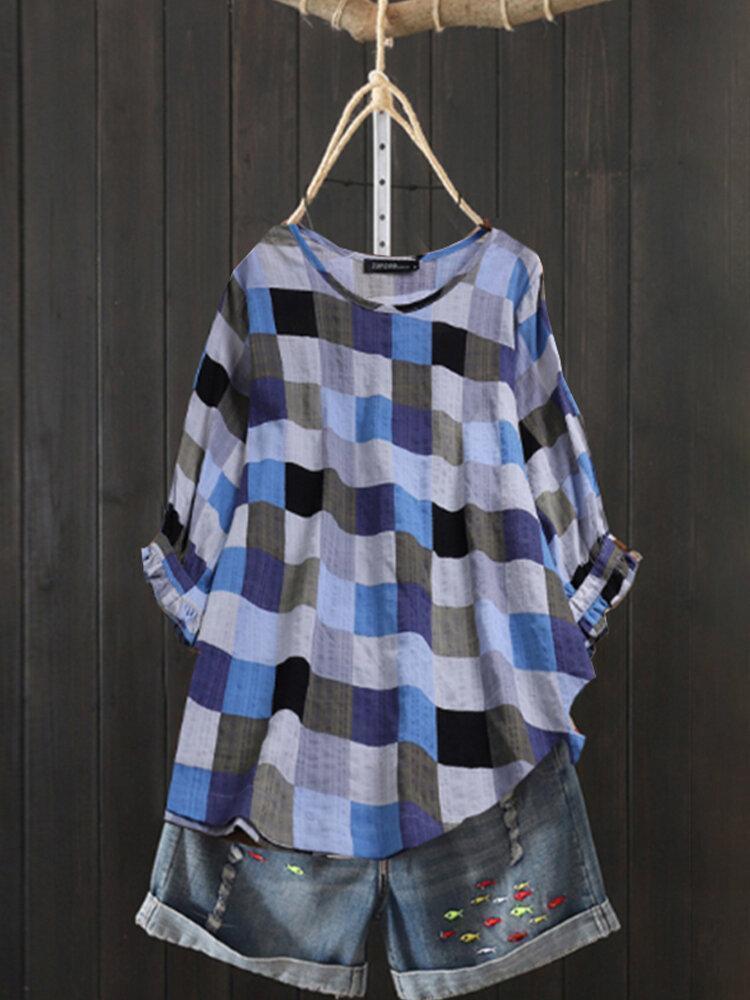 Plaid Print Puff Sleevs O-neck Casual T-shirt