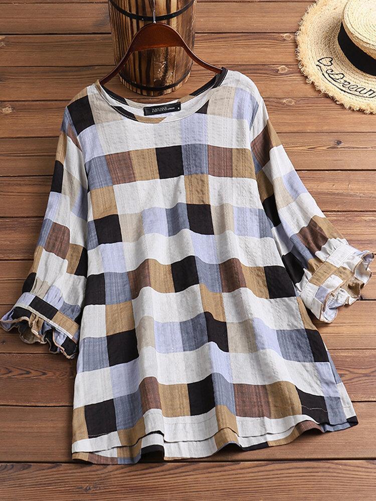 Plaid Print Puff Sleevs O-neck Casual T-shirt