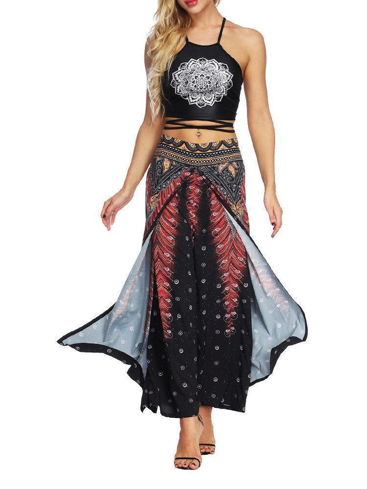 Boho Print Inregular Wide Leg Yoga Pants