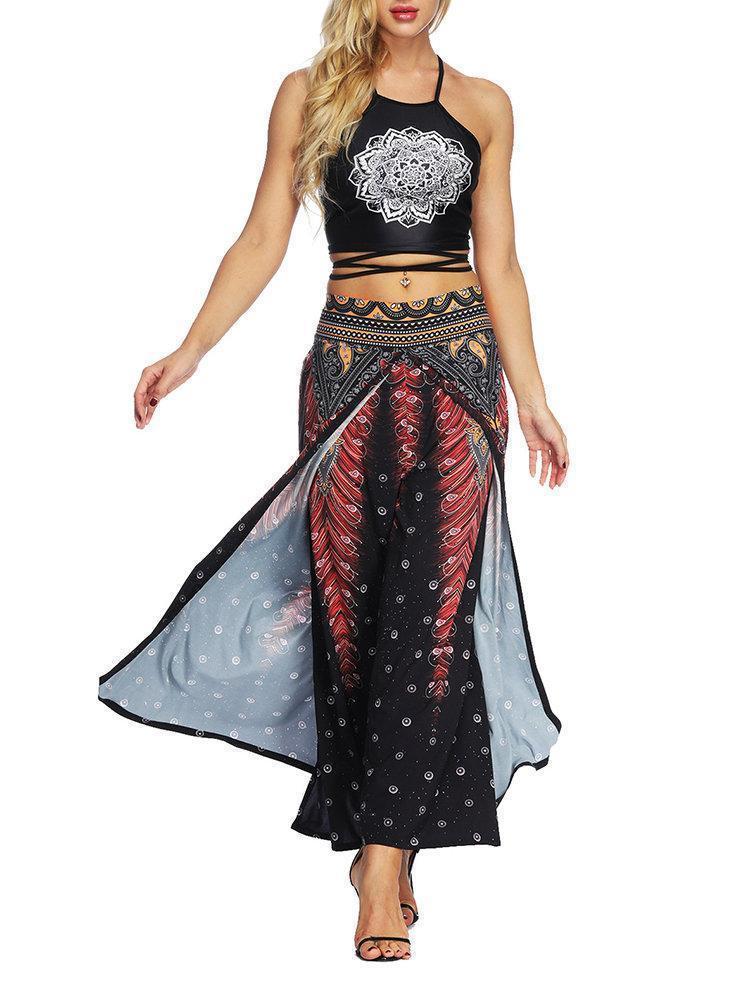 Boho Print Inregular Wide Leg Yoga Pants