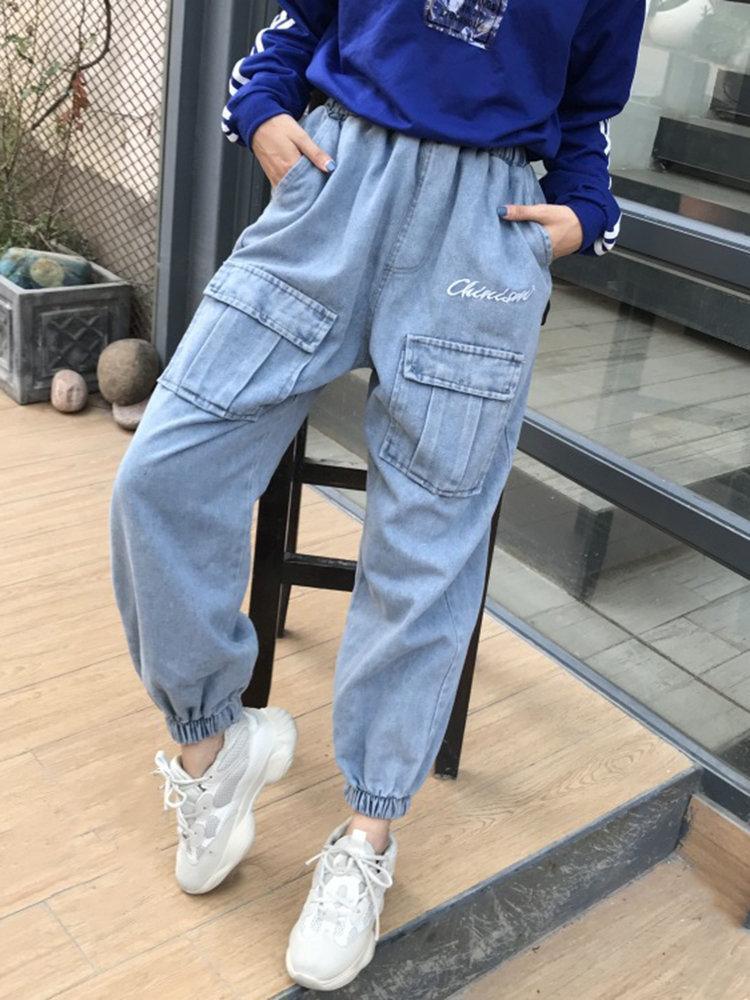 Letter Print Denim Loose Casual Overalls Pants