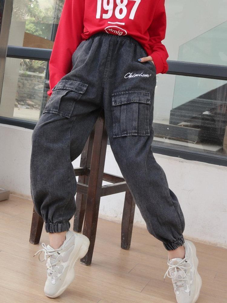 Letter Print Denim Loose Casual Overalls Pants