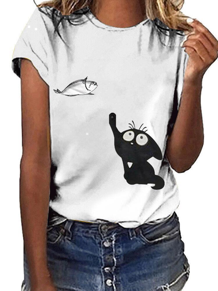 Cartoon Cat Fish Print Short Sleeve O-neck T-shirt For Women