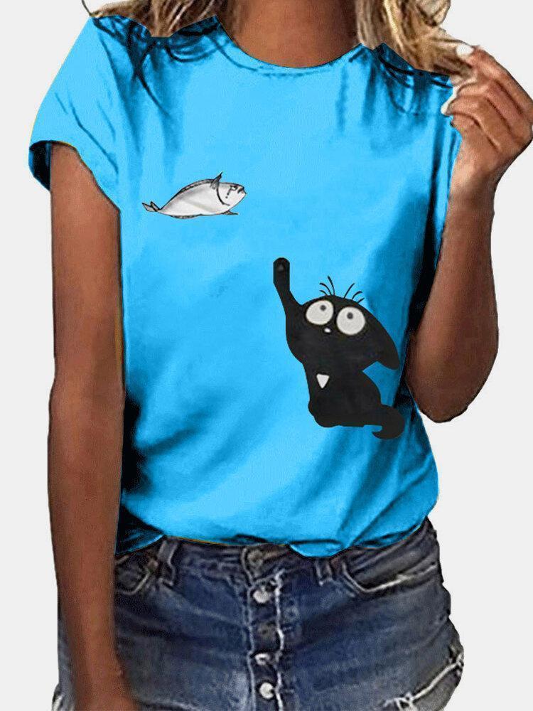 Cartoon Cat Fish Print Short Sleeve O-neck T-shirt For Women