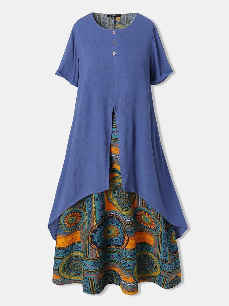 Ethnic Pattern Print Patch O-neck Short Sleeve Button Dress For Women