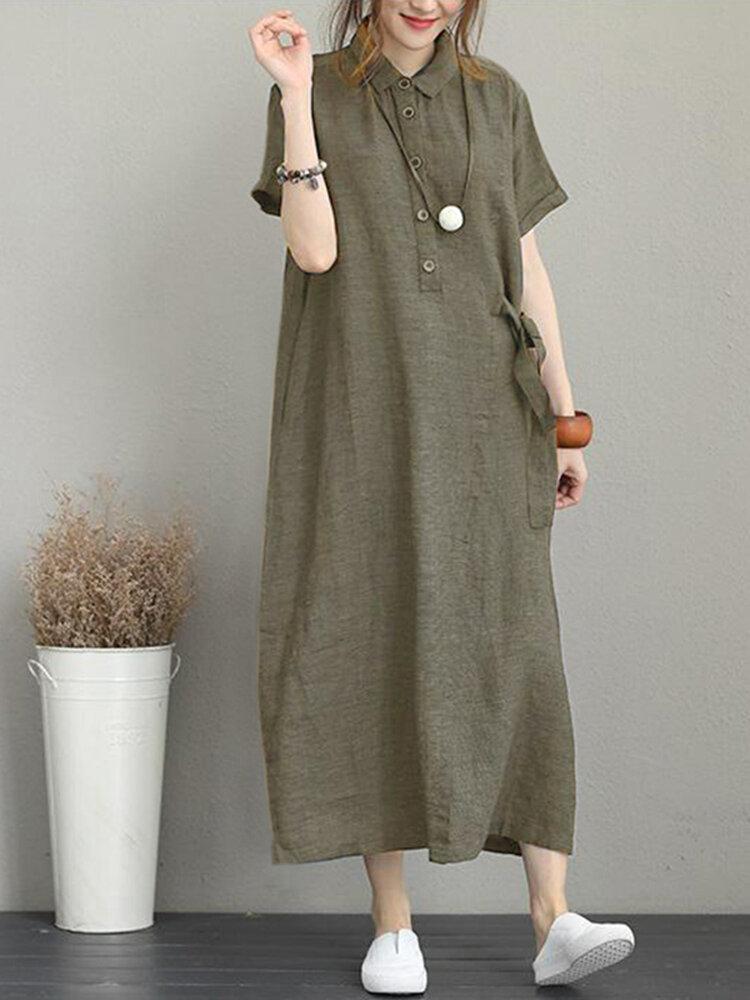 Vintage Turn-down Collar Side Pocket Drawstring Dress