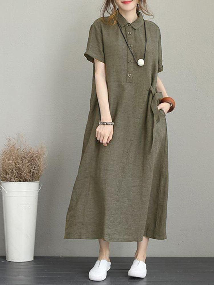 Vintage Turn-down Collar Side Pocket Drawstring Dress