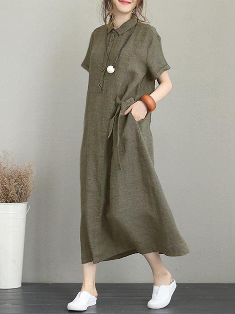 Vintage Turn-down Collar Side Pocket Drawstring Dress