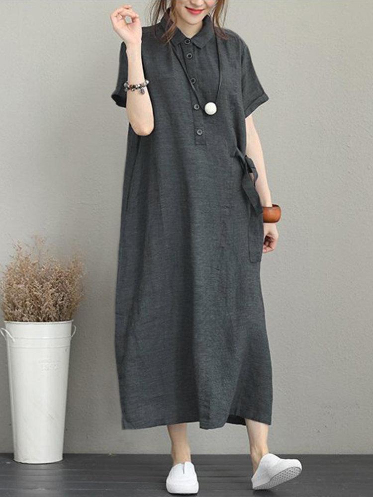 Vintage Turn-down Collar Side Pocket Drawstring Dress