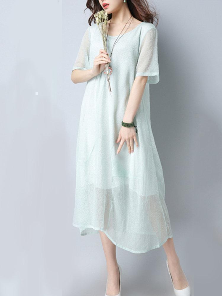 Vintage Women Two Layers Short Sleeve Pure Color Dresses