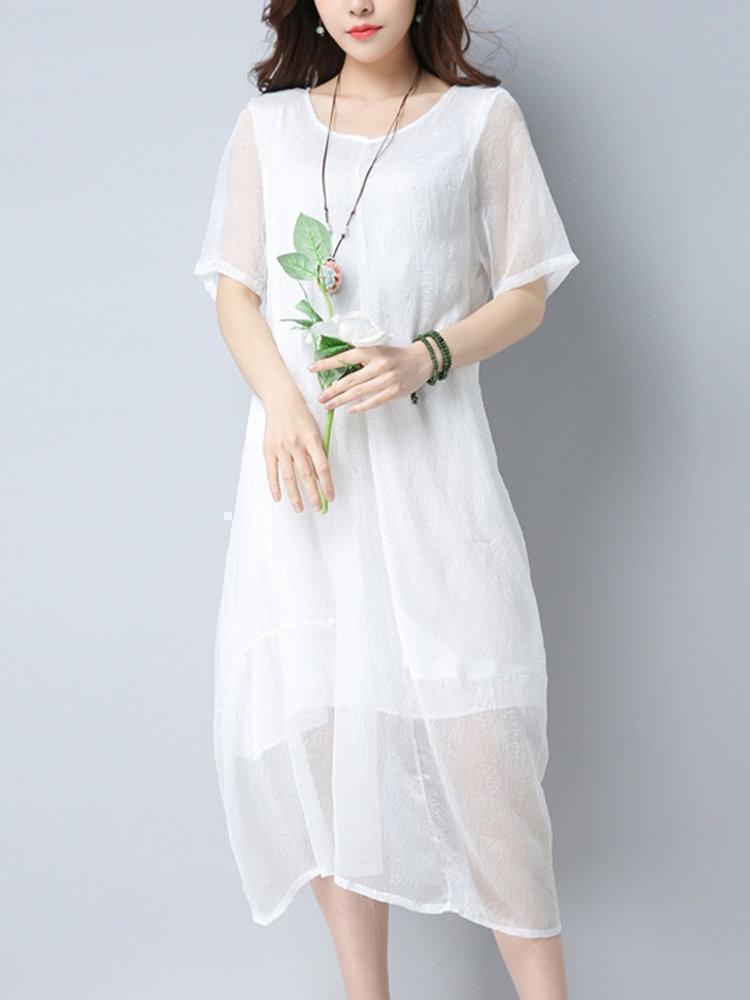 Vintage Women Two Layers Short Sleeve Pure Color Dresses