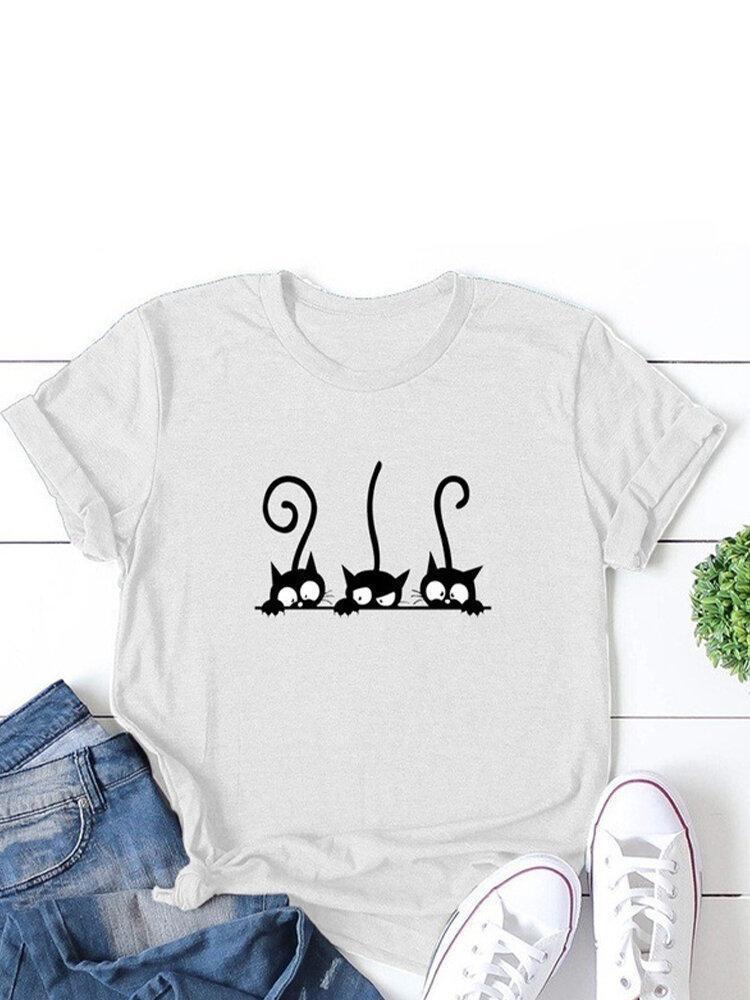 Cartoon Cat Printed O-Neck Short Sleeve T-shirt