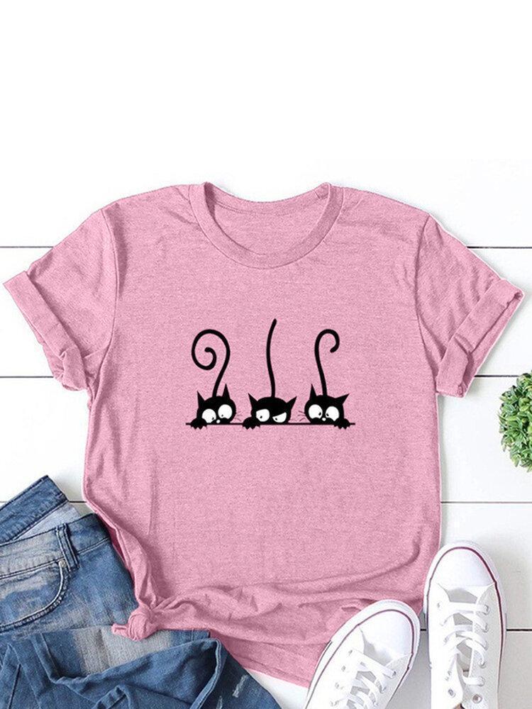 Cartoon Cat Printed O-Neck Short Sleeve T-shirt