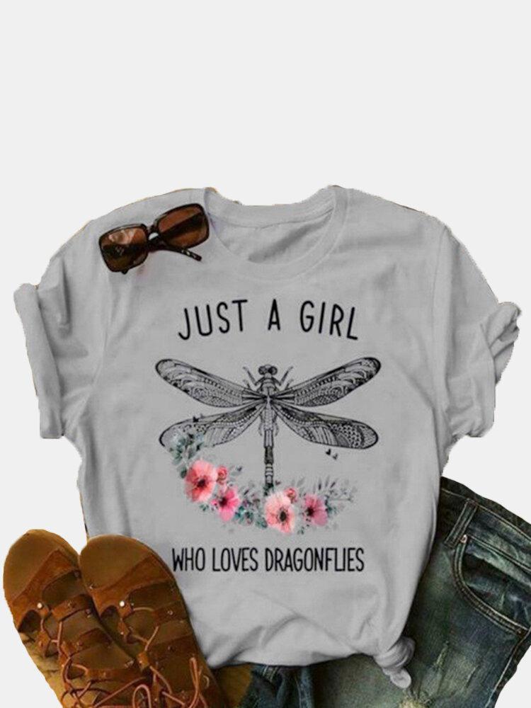 Dragonfly Printed Letters O-Neck Short Sleeve T-shirt