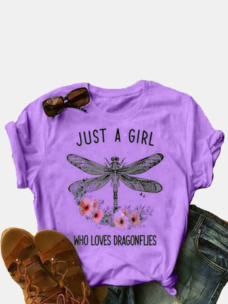 Dragonfly Printed Letters O-Neck Short Sleeve T-shirt