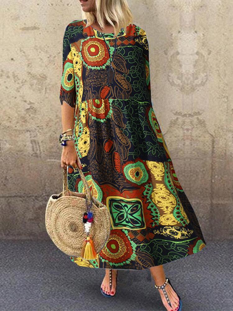 Vintage Multi-Coloerd Print O-neck Half Sleeve Loose Dress