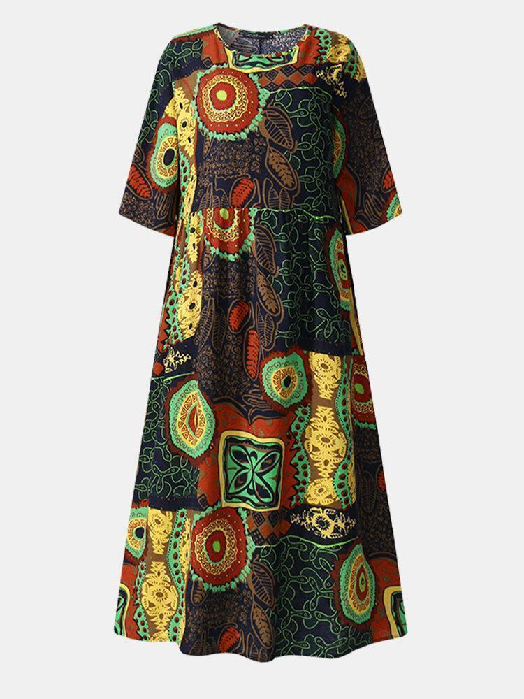 Vintage Multi-Coloerd Print O-neck Half Sleeve Loose Dress