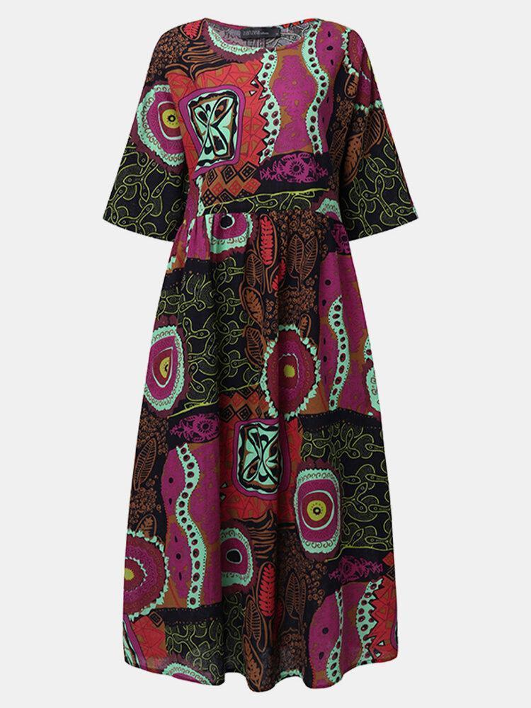 Vintage Multi-Coloerd Print O-neck Half Sleeve Loose Dress