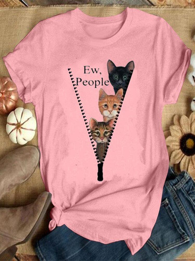 Casual Cartoon Cat Printed O-neck Short Sleeve T-shirt