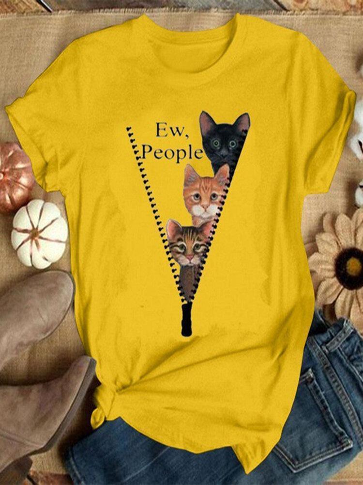 Casual Cartoon Cat Printed O-neck Short Sleeve T-shirt