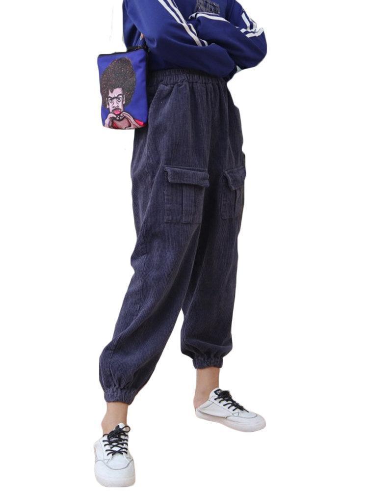 Solid Color Corduroy Elastic Waist Casual Overalls Pants