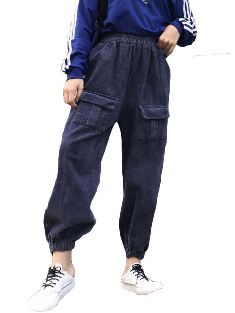 Solid Color Corduroy Elastic Waist Casual Overalls Pants