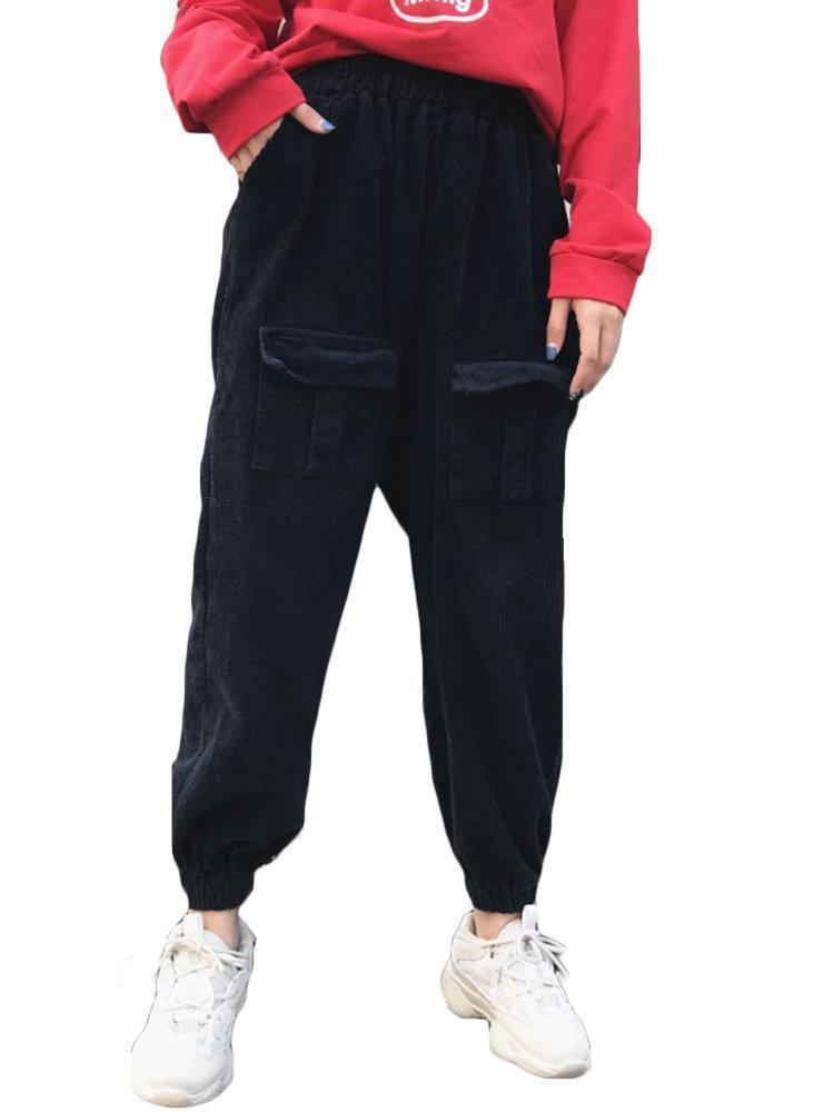 Solid Color Corduroy Elastic Waist Casual Overalls Pants