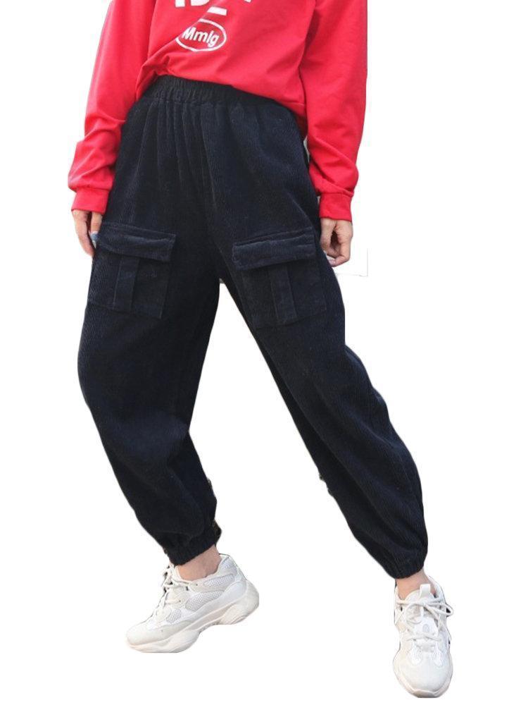 Solid Color Corduroy Elastic Waist Casual Overalls Pants