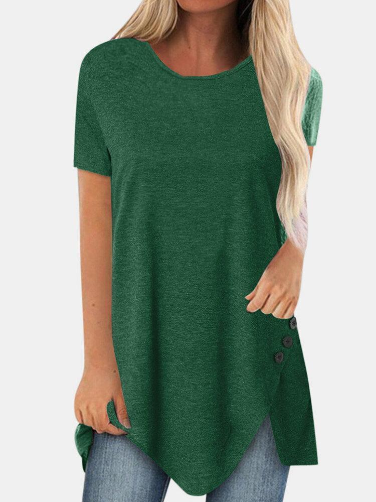 Solid Color Side Button Short Sleeve Splited Casual T-shirt For Women